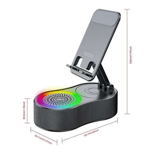 360 ° Support de téléphone pliable et rotatif, réglable, antidérapant, haut-parleur sans fil avec lumière ambiante colorée, caisson de basses HDSurround 5.3